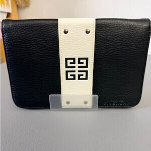 Givenchy Black Leather Clutch Parfums Logo Cream Stripe Foldover Bag